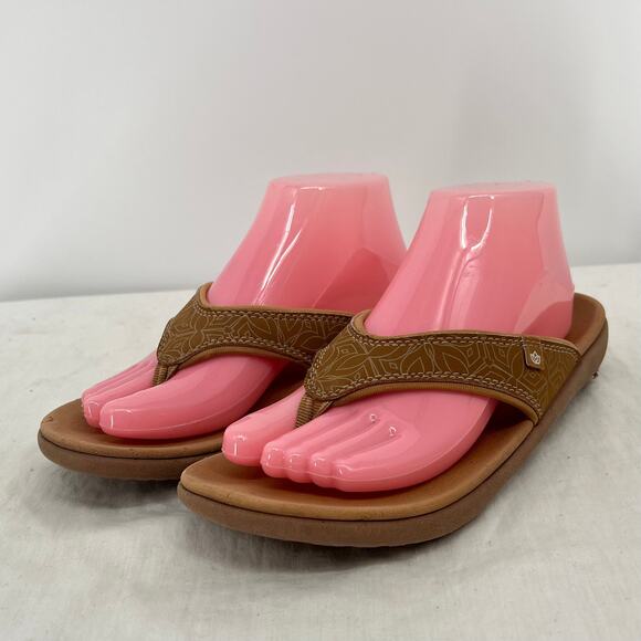 SPENCO Tan Boho Print Flip Flop Sandals 8 Gorpcore Coastal Festival Campy - Picture 1 of 7